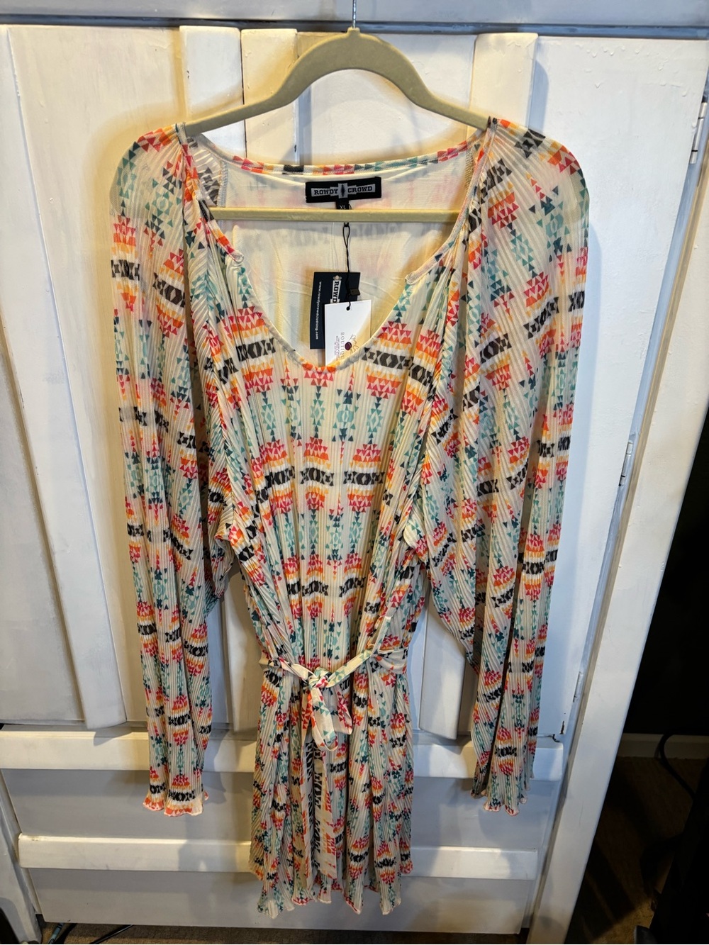 Soft Pleat V-Neck Long Sleeve Dress with Tie Waist - Cream Multi